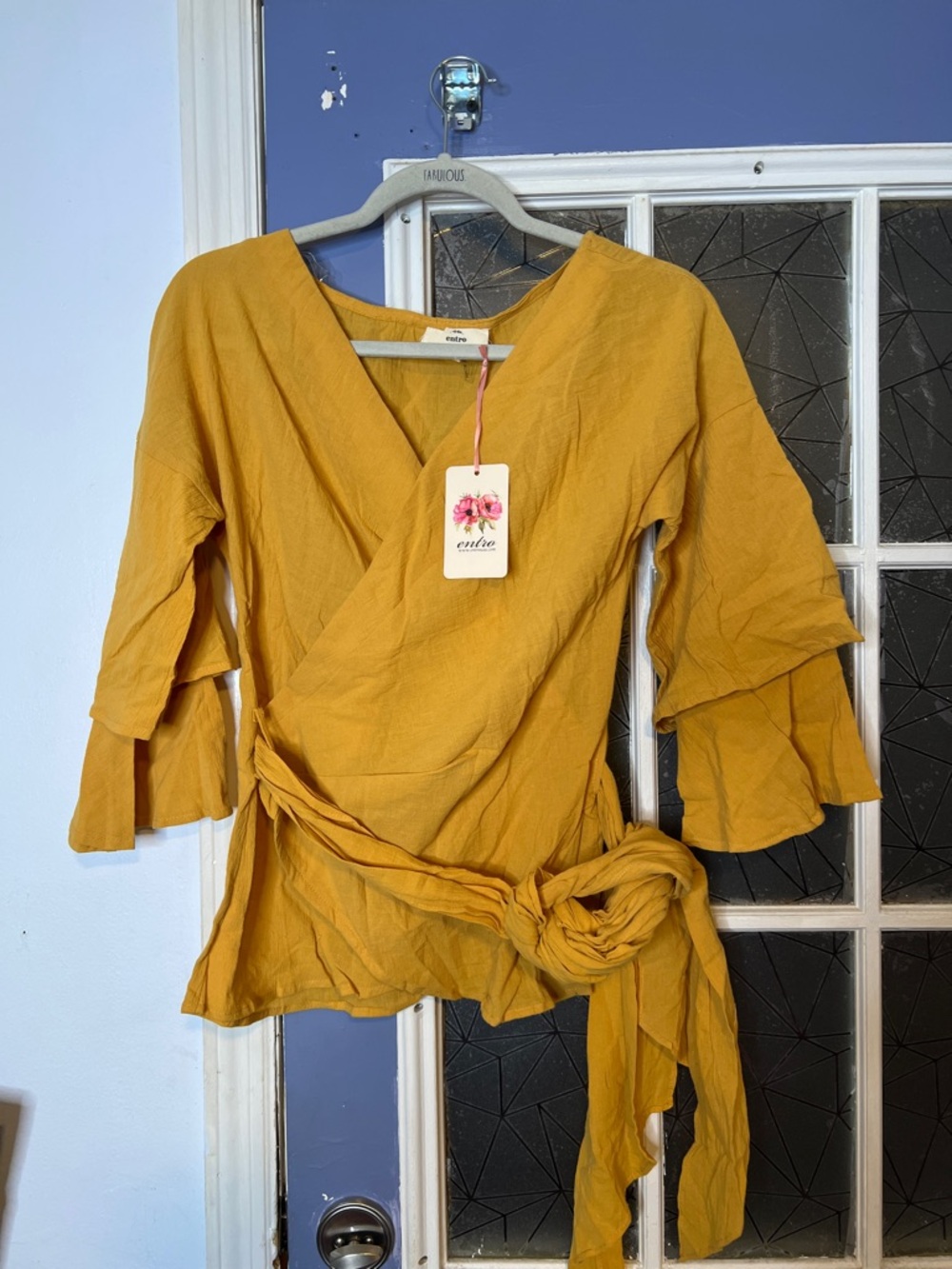Entro small Wrap Front Mustard Yellow Women's Top with Waist Tie NWT